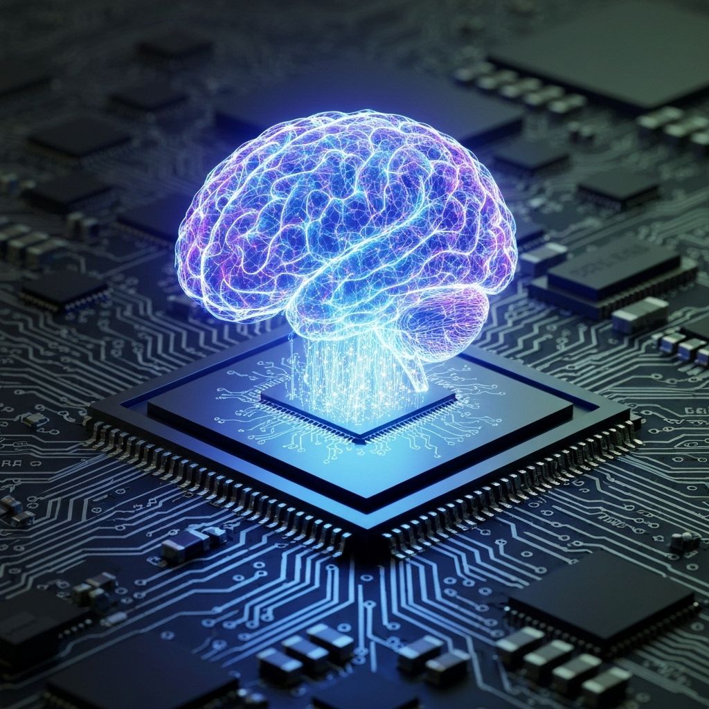 A glowing abstract brain structure emerging from a microchip on a circuit board, representing AI-powered insights.